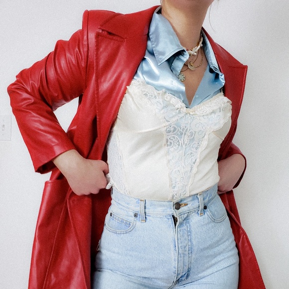 Pastel blue satin button down blouse long sleeve silky silk loose plunge classic - Picture 2 of 5